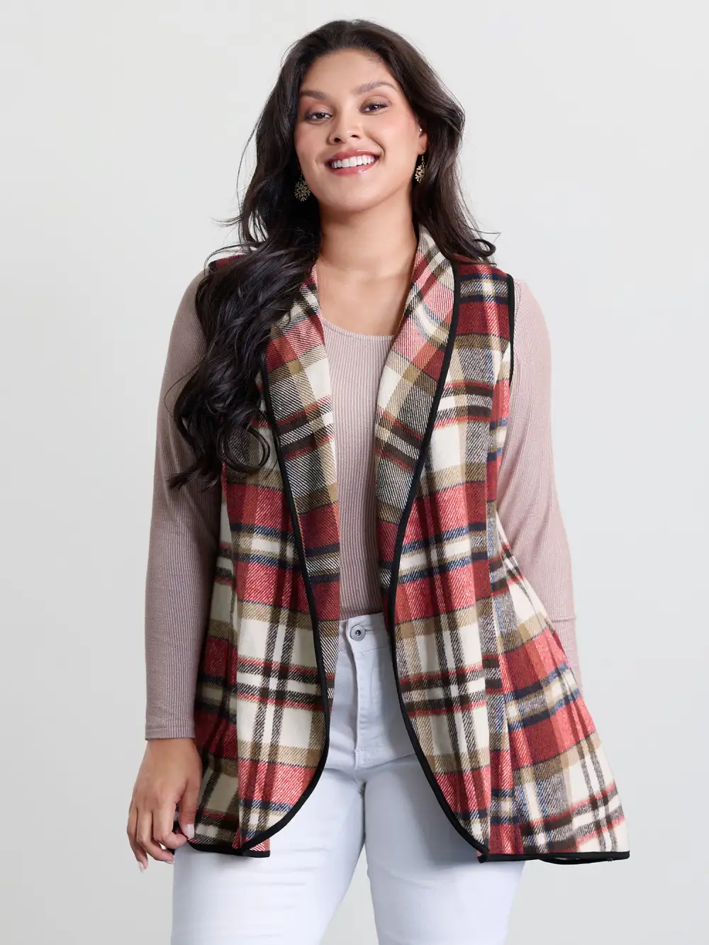 Plaid Curvy Hem Open-Front Vest