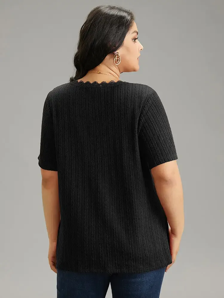 Lace Trim Plisse Button Detail T-Shirt