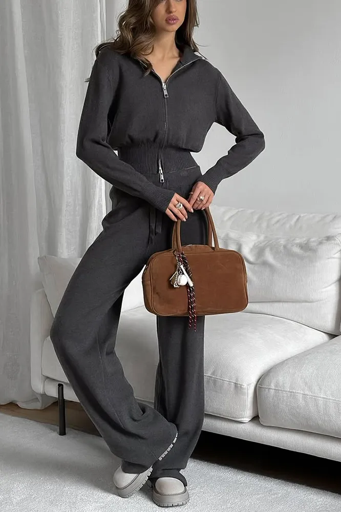 Women's Solid Color Knitted Zipper Top & Pants Two Piece Set