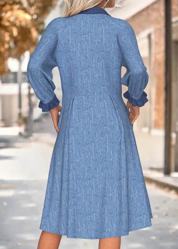 Blue Tummy Coverage Long Sleeve Shirt Collar Dress