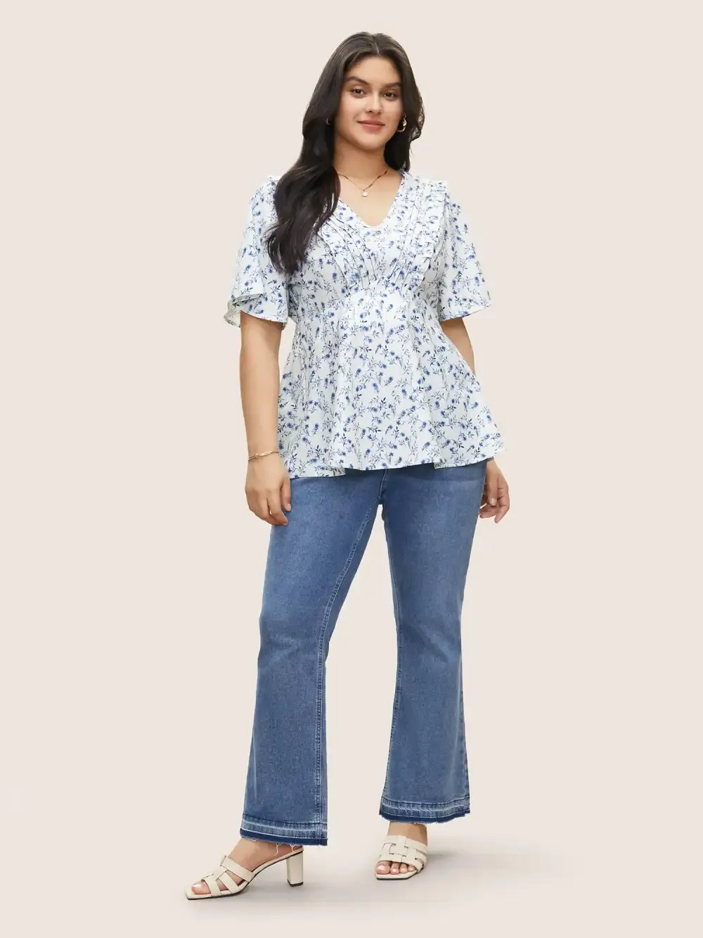 Floral Pleated Elastic Waist Ruffle Sleeve Blouse