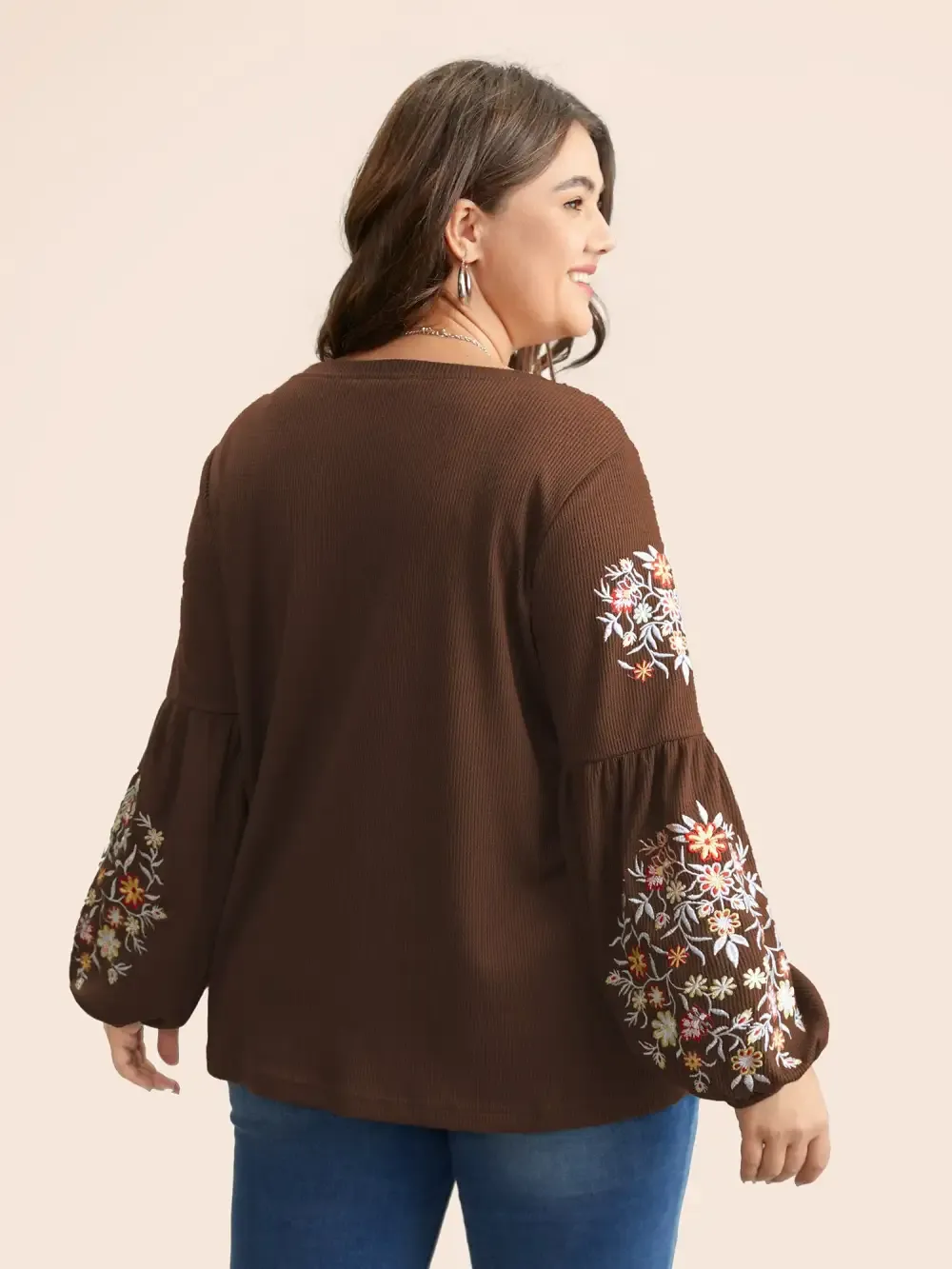 Waffle Knit Floral Embroidered Lantern Sleeve T-Shirt