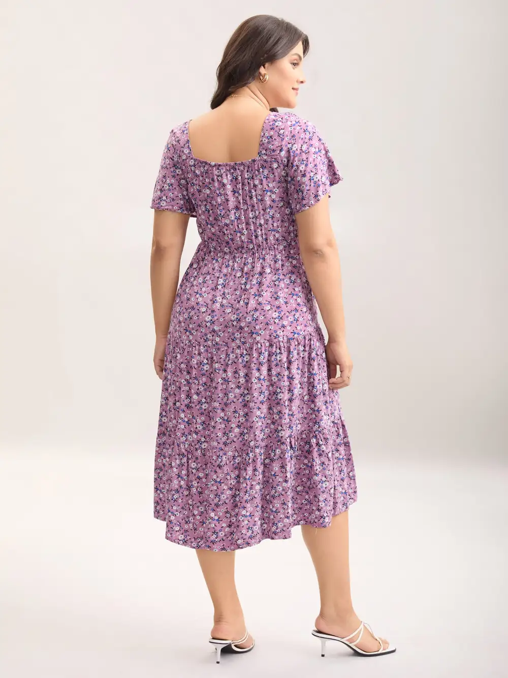 Ditsy Floral Sweetheart Drawstring Pocket Tiered Dress