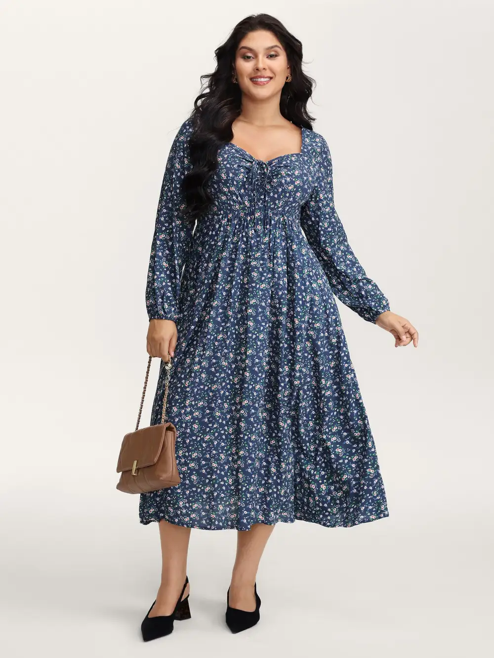 Floral Print Drawstring Bust-Ease Midi Dress