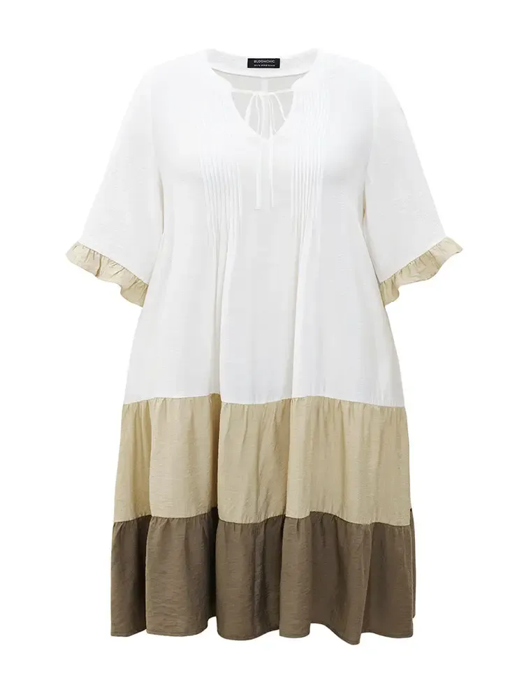 Color Block Contrast Pocket Pleated Knot Neck Dress