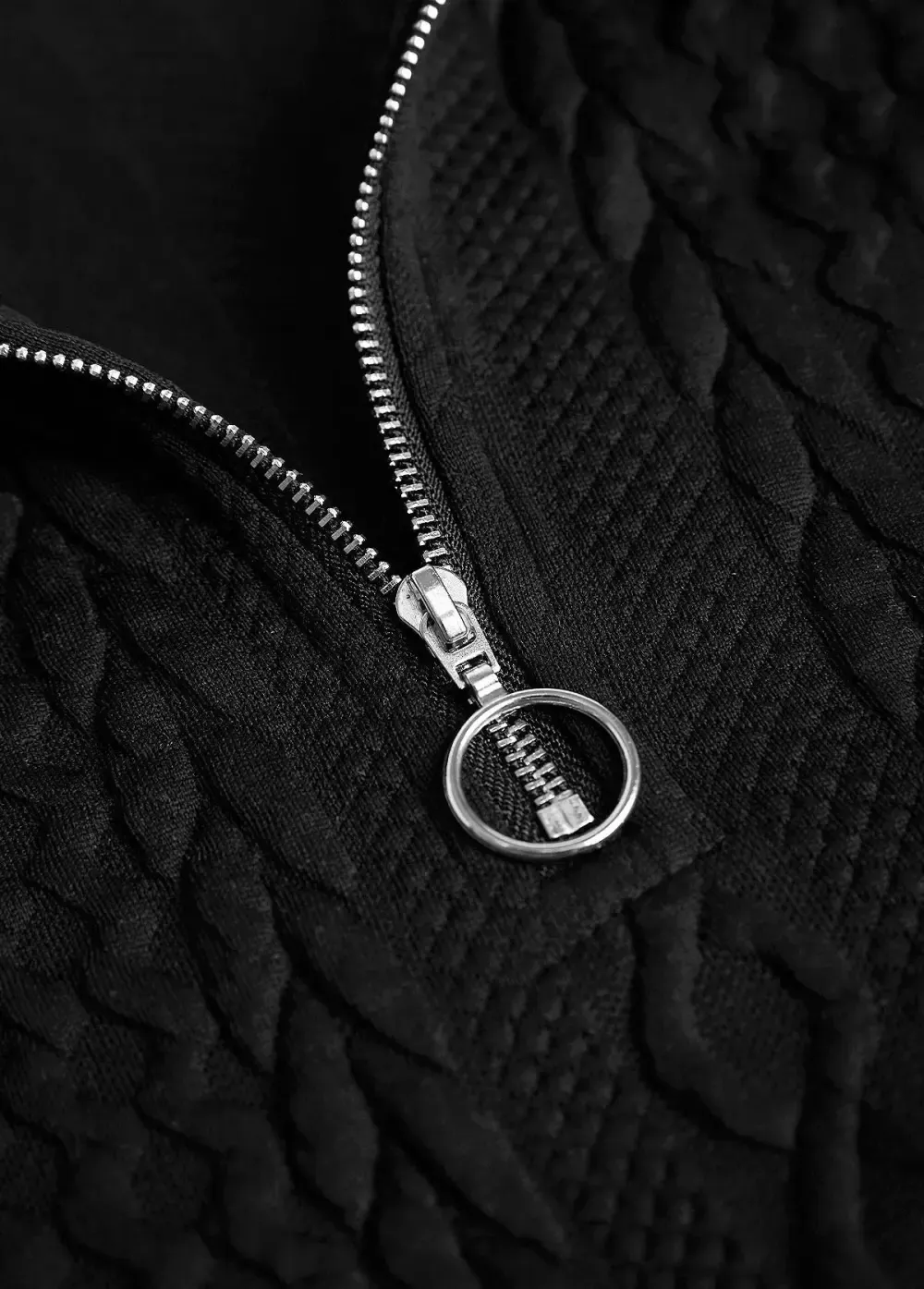 Black Jacquard Long Sleeve Turn Down Collar Sweatshirt