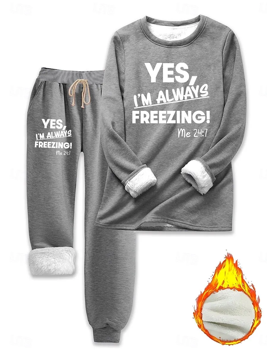 Women's Pajamas Set Fleece Lined 2 Pieces Sweatshirt Tracksuits Loungewear Set Pyjamas Fleece Fluffy Long Sleeve Top and Pant Text Print Comfort Casual Home Wear Drawstring Solid Cozy Winter