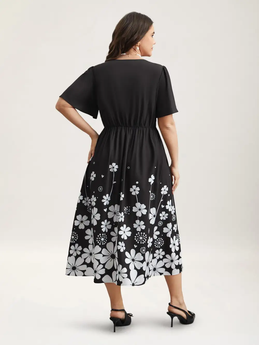 V-Neck Floral Print Flared Sleeve Dress