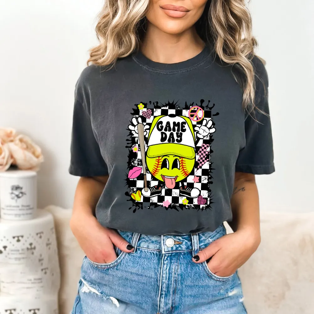 Peace And Love Baseball Game Day Printed Round Neck Short Sleeve T-Shirt