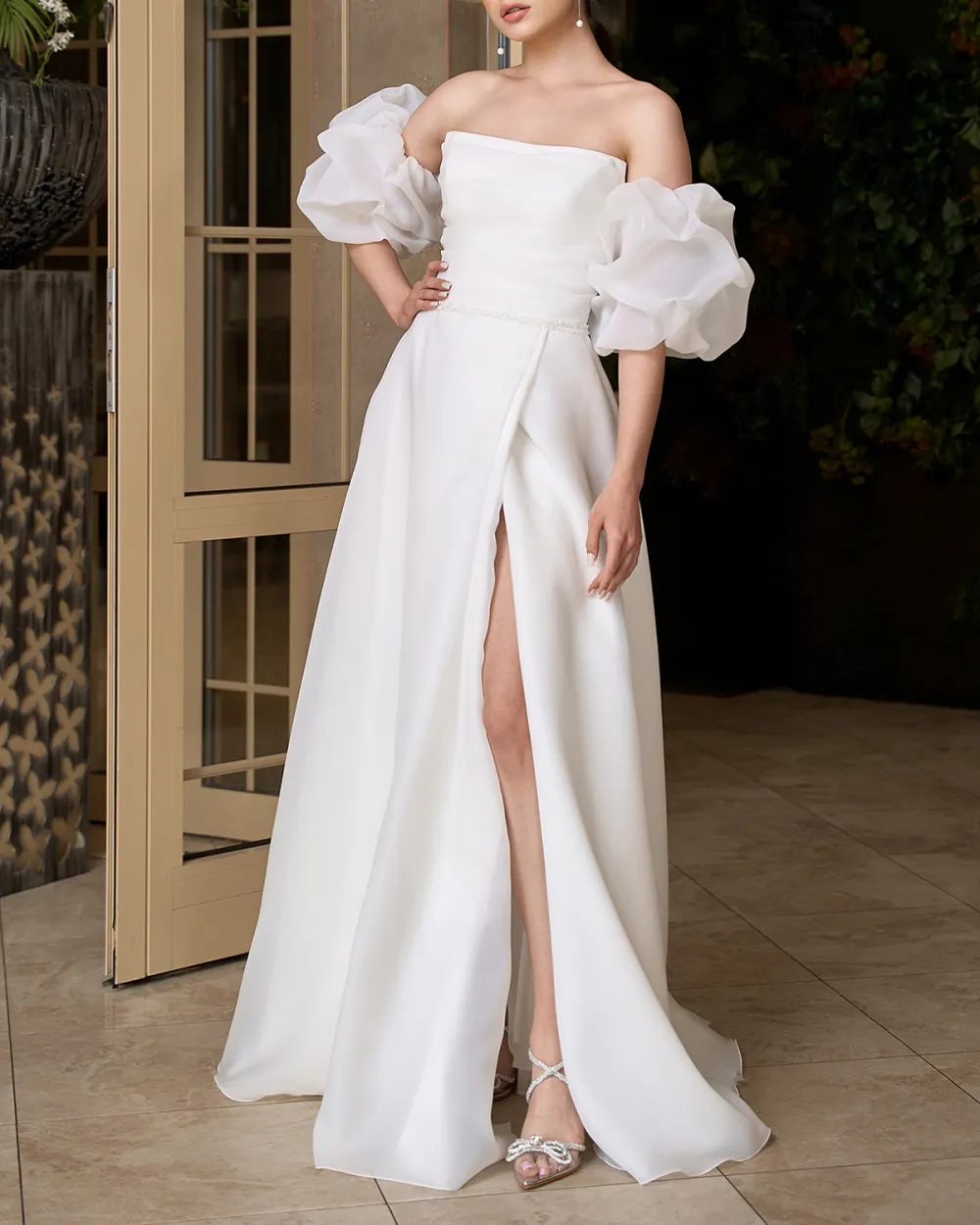 Women's Puff Sleeves Slit Solid Color Party Dress