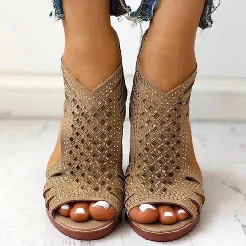 Women's fashion rhinestone cutout block heel sandals