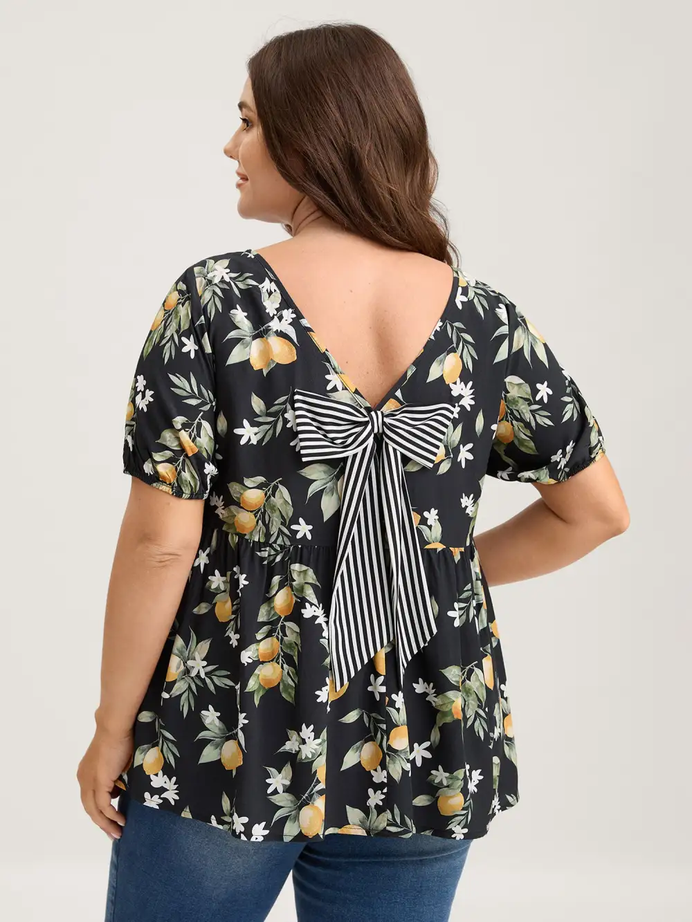 Citrus Print Bow Backless Blouse