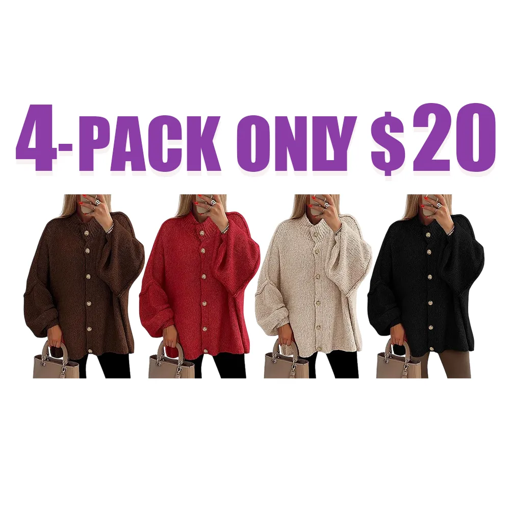 Women's Winter Button Down Cardigan Sweaters Mock Neck Lantern Long Sleeve Chunky Knit Jacket Trendy Outerwear