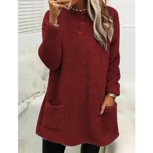 Women's Sweatshirt Pullover Fleece Sports Sherpa Fleece Teddy Pocket Marron Black White Solid Color Street Casual Round Neck Long Sleeve Top Micro-elastic Fall & Winter