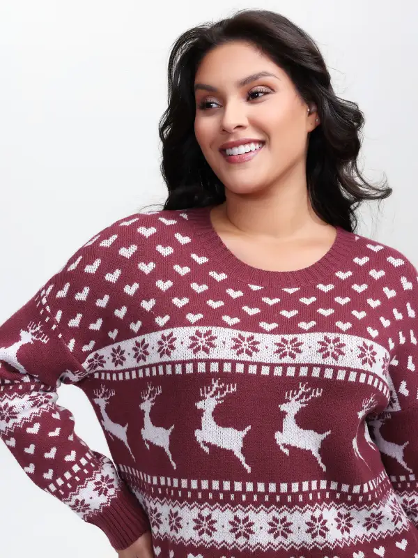 Reindeer Holiday Print Round Neck Pullover
