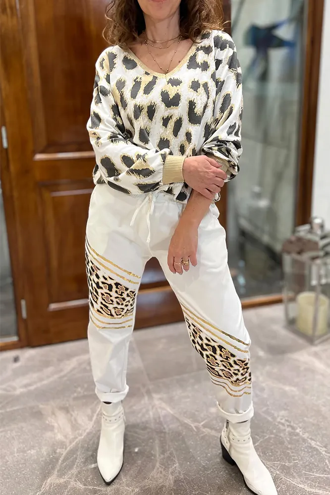 Women's leopard print V-neck top and leopard print two-piece suit