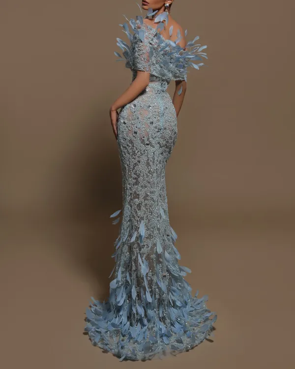 Feather Beaded Slit Maxi Dress