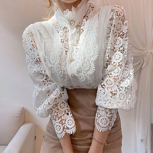 Women's Blouse Solid Colored Black White Apricot Hole Daily Fashion Elegant & Luxurious Elegant Shirt Collar Regular Fit Spring Fall Winter