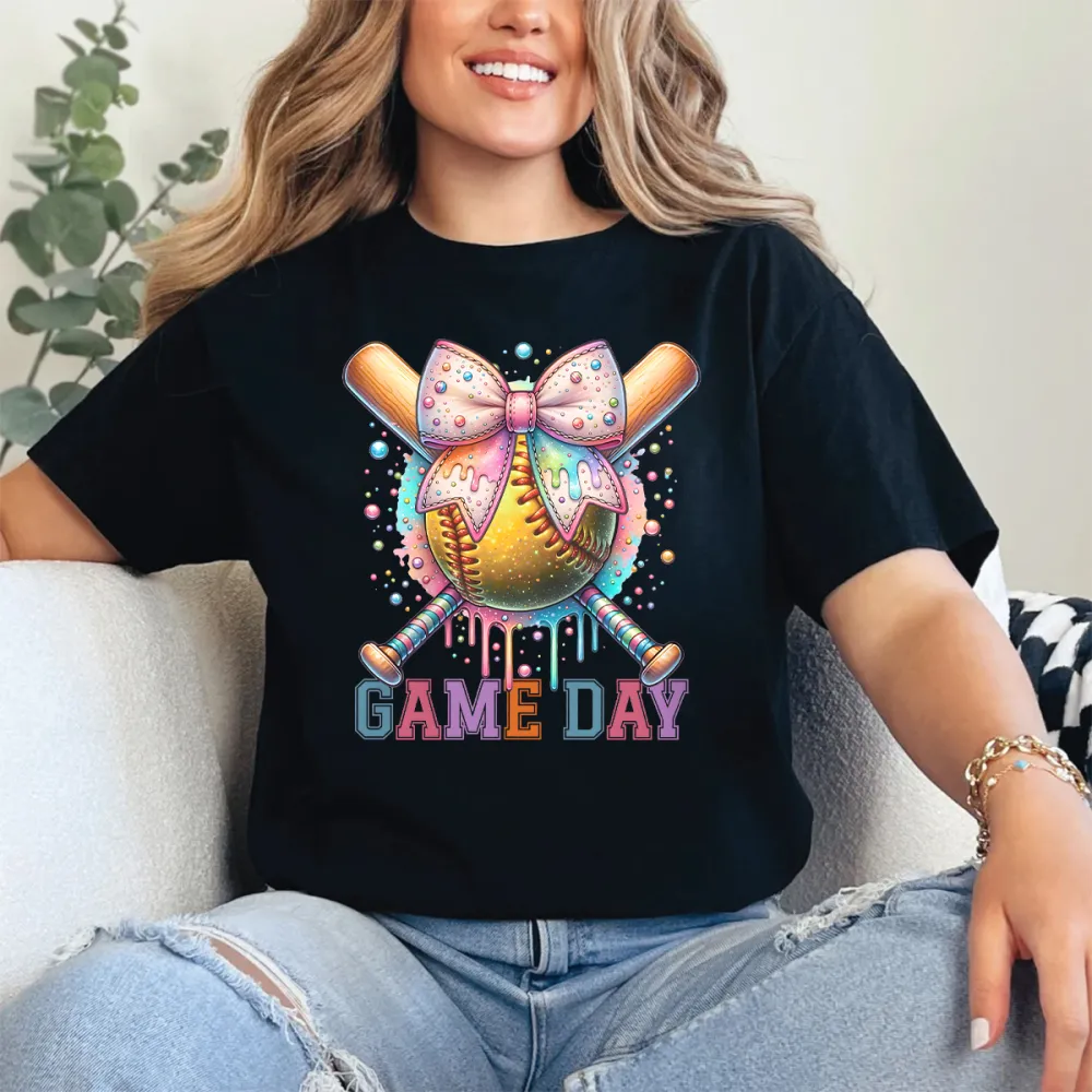 Baseball Game Day Printed Round Neck Short Sleeve T-Shirt