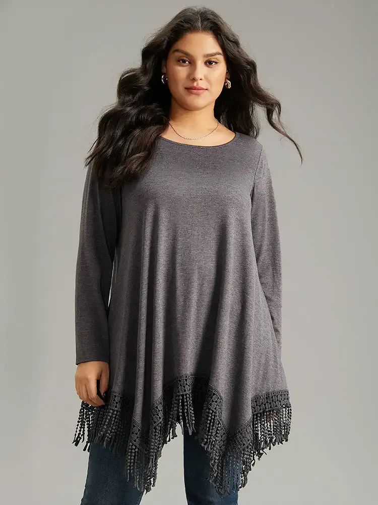 Solid Tassels Trim Pocket Asymmetrical Hem T-Shirt