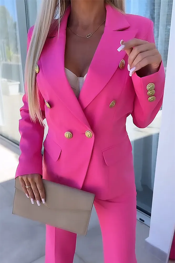 Women's solid color slim fit jacket&pants two-piece set
