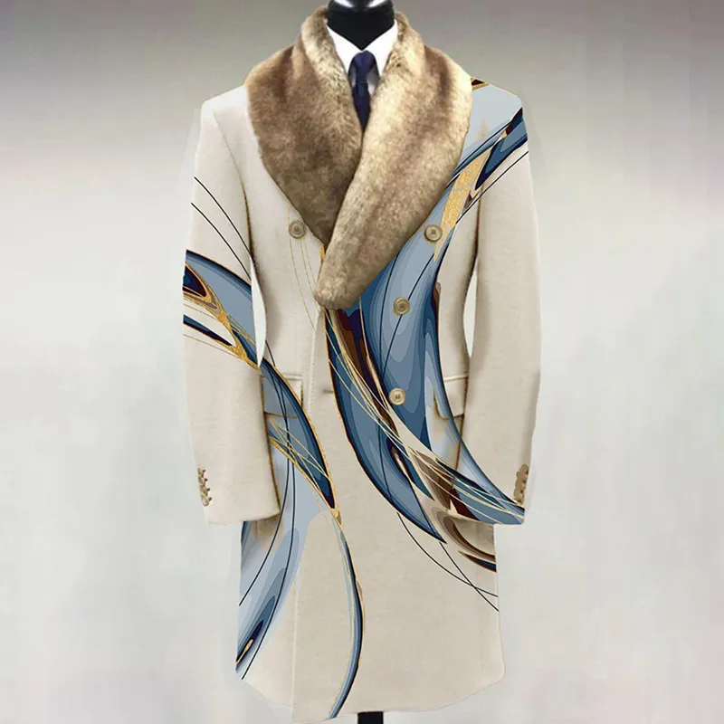Men’'s Casual Fur Lapel Collar Graphic Pattern Long Sleeve Coat