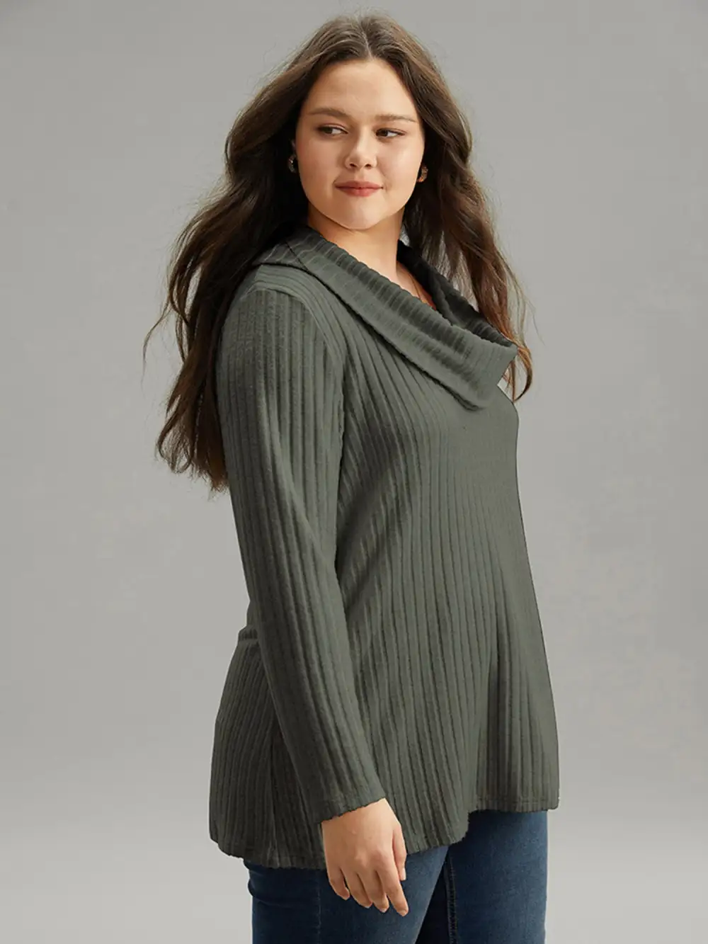 Plain Rib Knit Cowl Neck T-Shirt