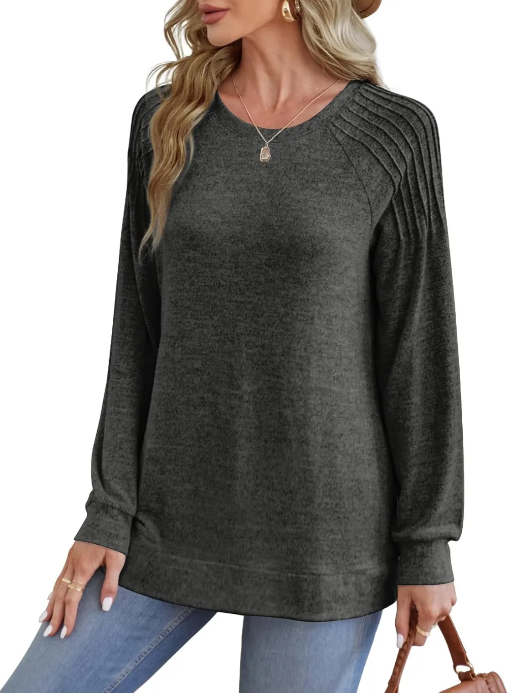 Sweatshirt for Women Crewneck Pleated Long Sleeve Shirts Tunic Tops Fashion 2024
