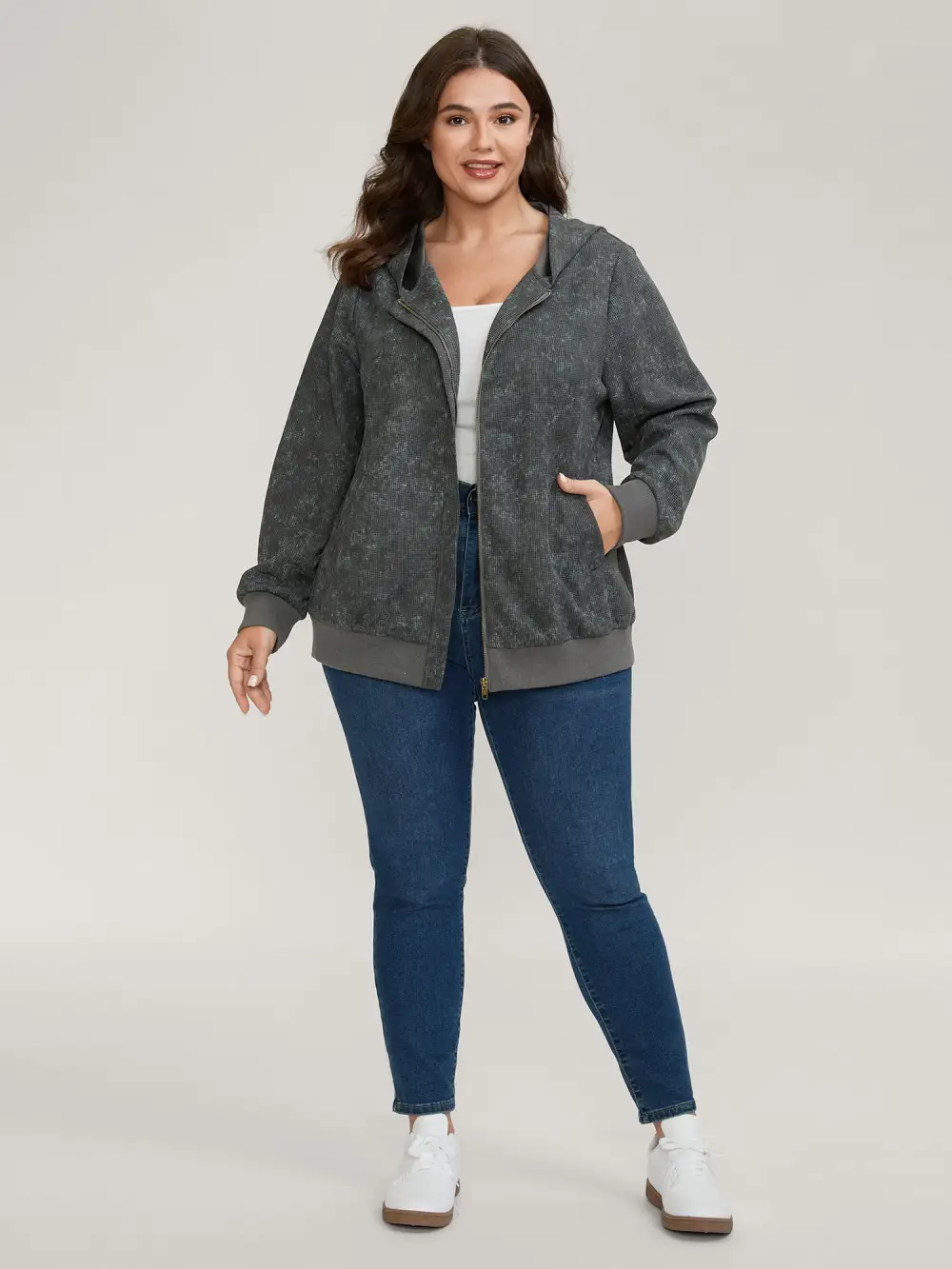 Waffle Texture Solid Zipper Hoodie