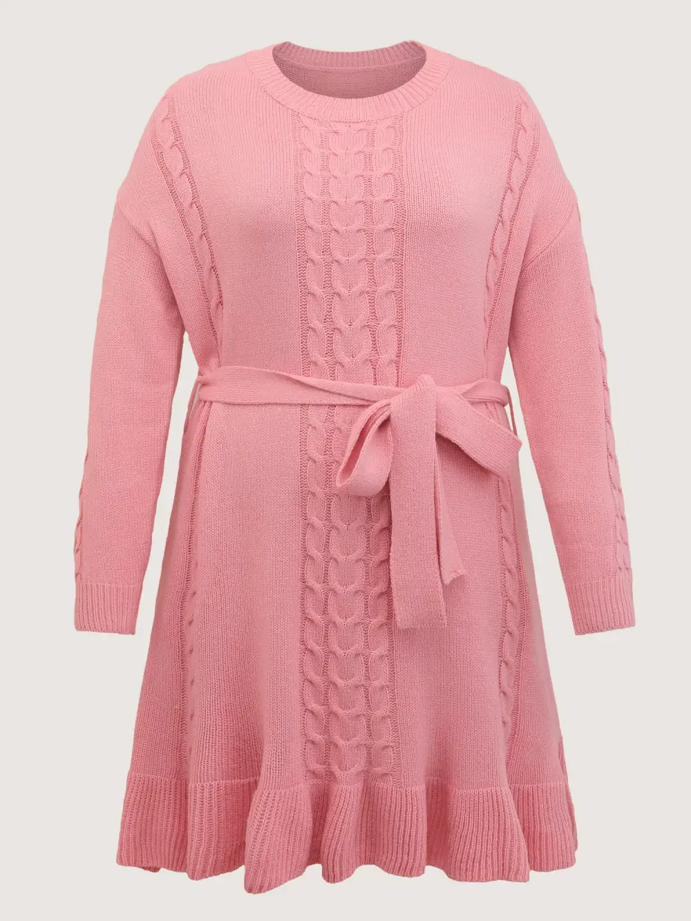 Textured Ruffled Hem Belted Knit Midi Dress