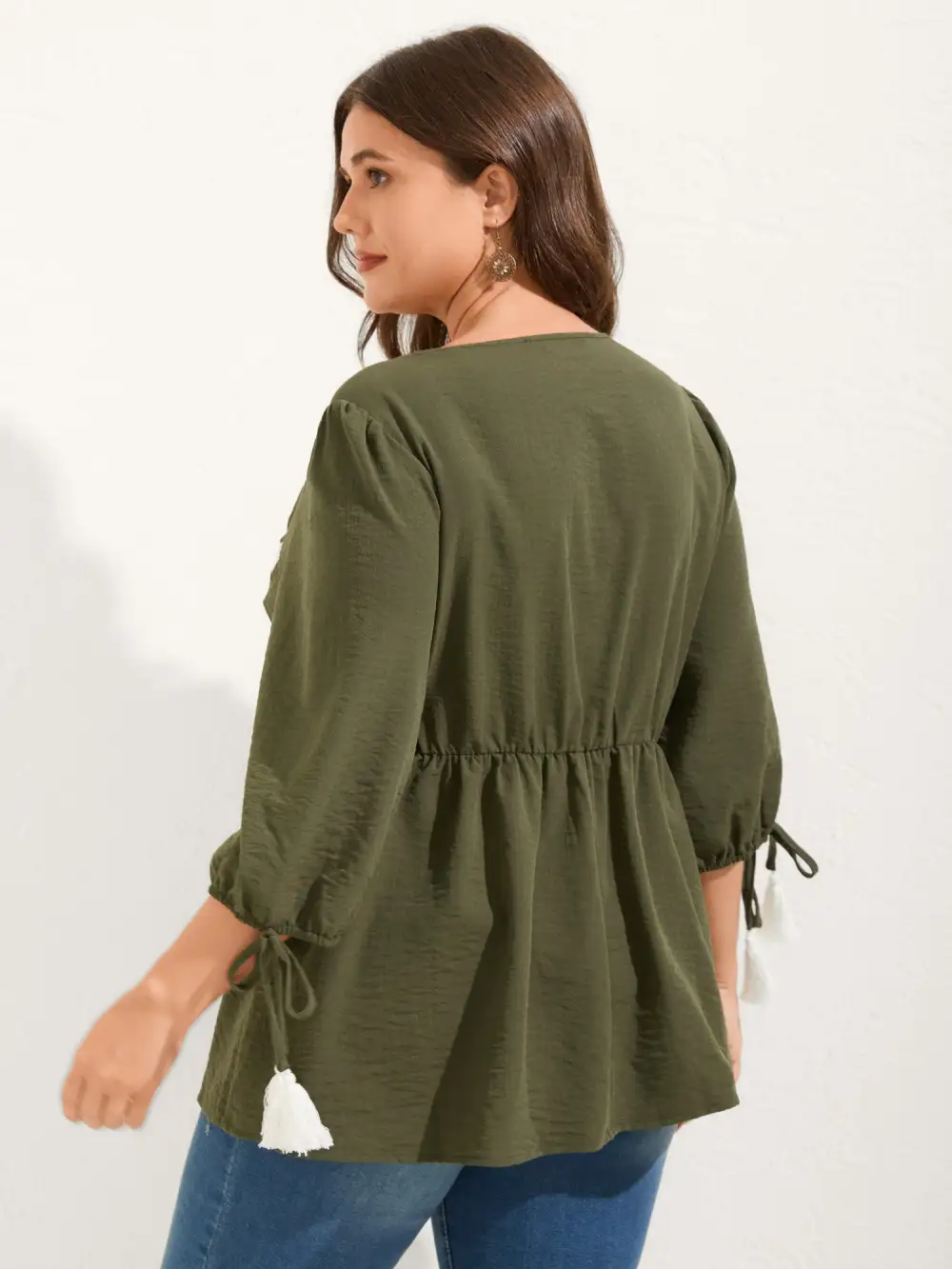 Floral Embroidery Puffy Sleeve-Tie Blouse