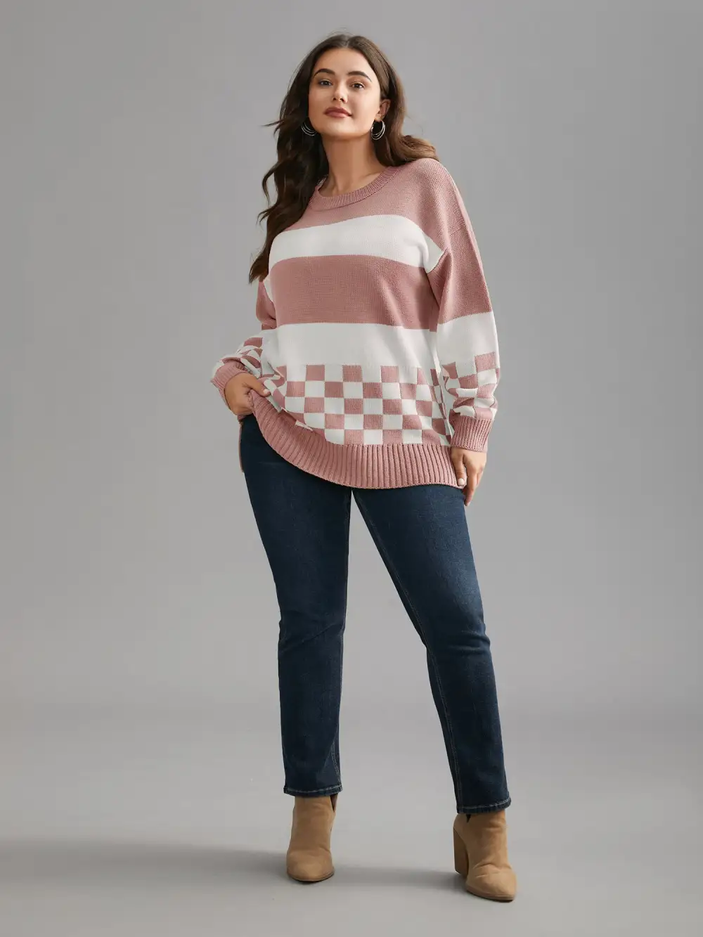 Colorblock Contrast Round Neck Split Hem Pullover