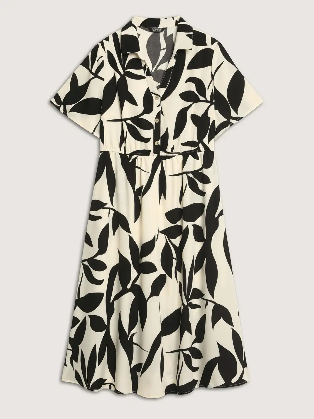 Leaf Print Buttons Waist-Defining Midi Dress