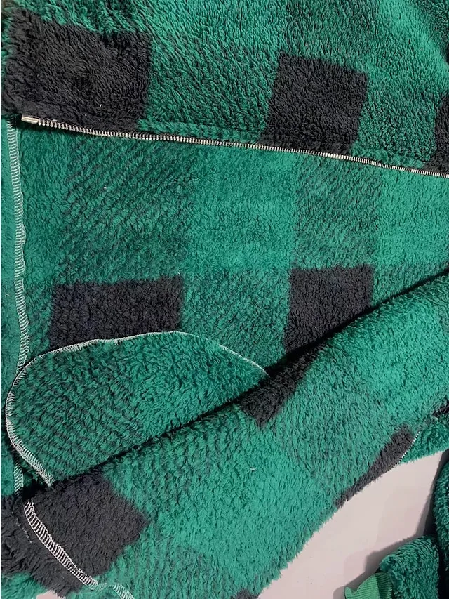 Women's Fleece Jacket Fleece Basic Pocket Zip Up Black Light Green Red Plaid Street Casual Hoodie Long Sleeve Top Micro-elastic Fall & Winter