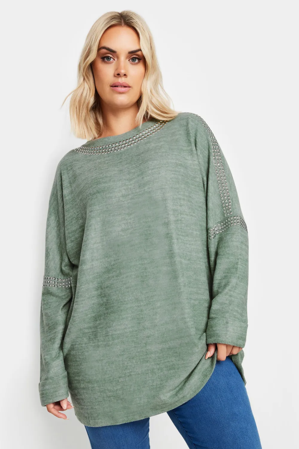 YOURS Curve Grey Stud Neckline Embellished Jumper
