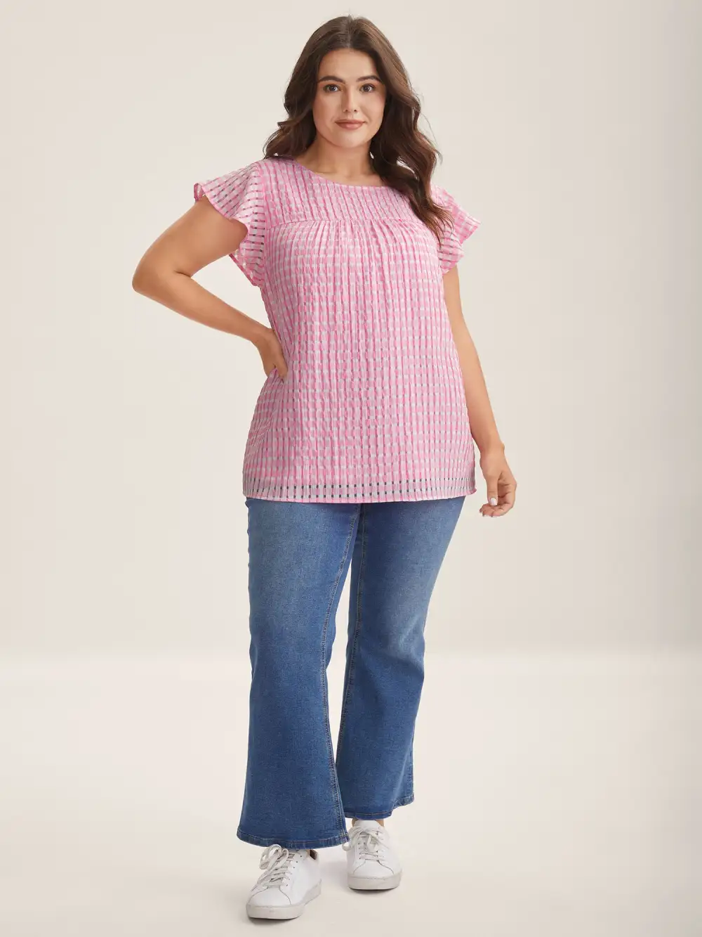 Textured Sheer Lined Flutter Sleeve Blouse