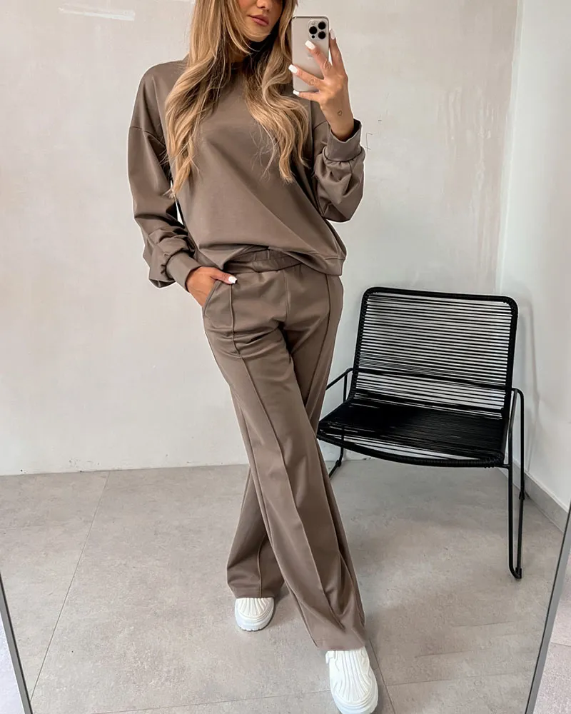 Chic Cuff Solid Color Casual Two-Piece Set