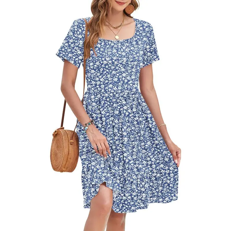 Women’s Ditsy Floral Square Neck A-Line Sundress with Pockets – Short Sleeve, Ruffle Hem