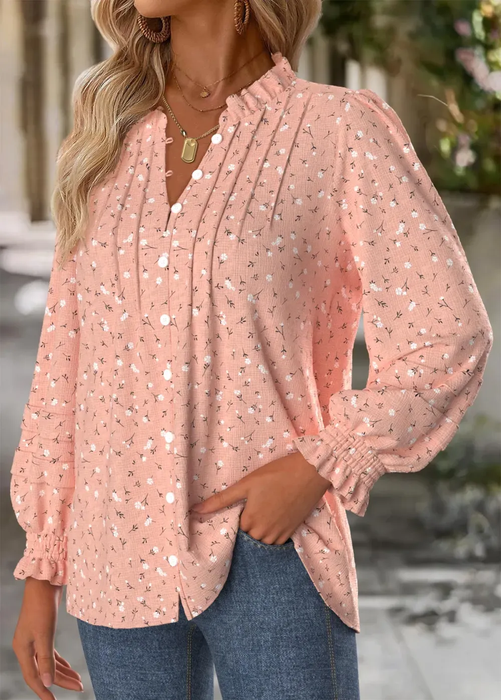 Pink Tummy Coverage Floral Print Long Sleeve Blouse