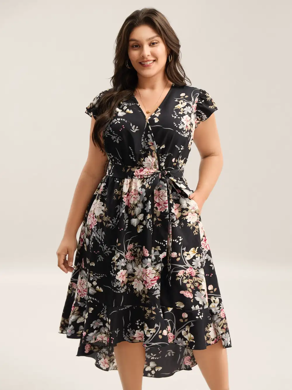 Midnight Blooms Wrap A-Line Midi Dress