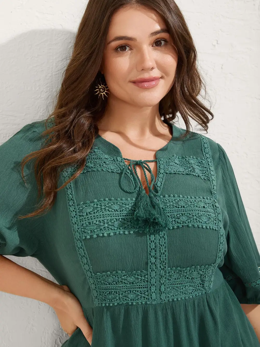 Rayon Lace Tassel Neck-Tie Blouse