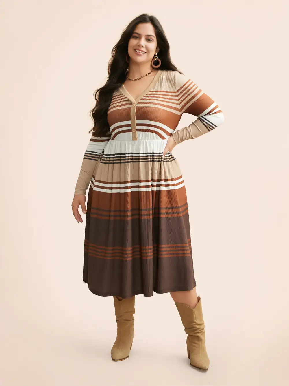 Contrast Striped V Neck Midi Dress