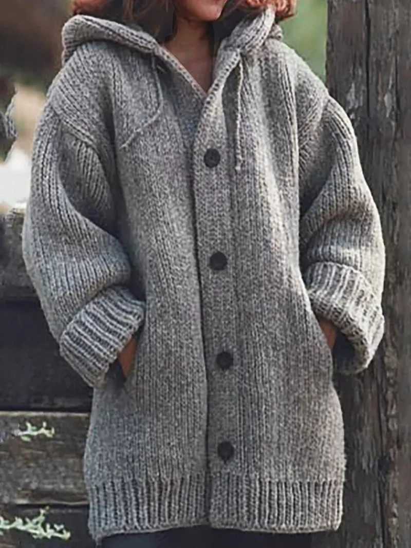 Women's Coats Pocket Button Hooded Sweater Mid-Length Coat