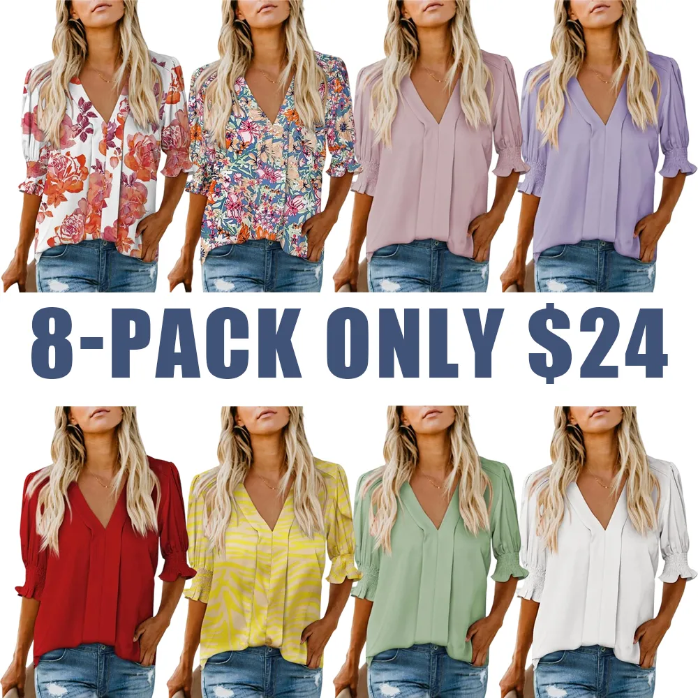 Women’s V-Neck Ruffle Sleeve Floral Blouse – Casual Lightweight Summer Tee 2025
