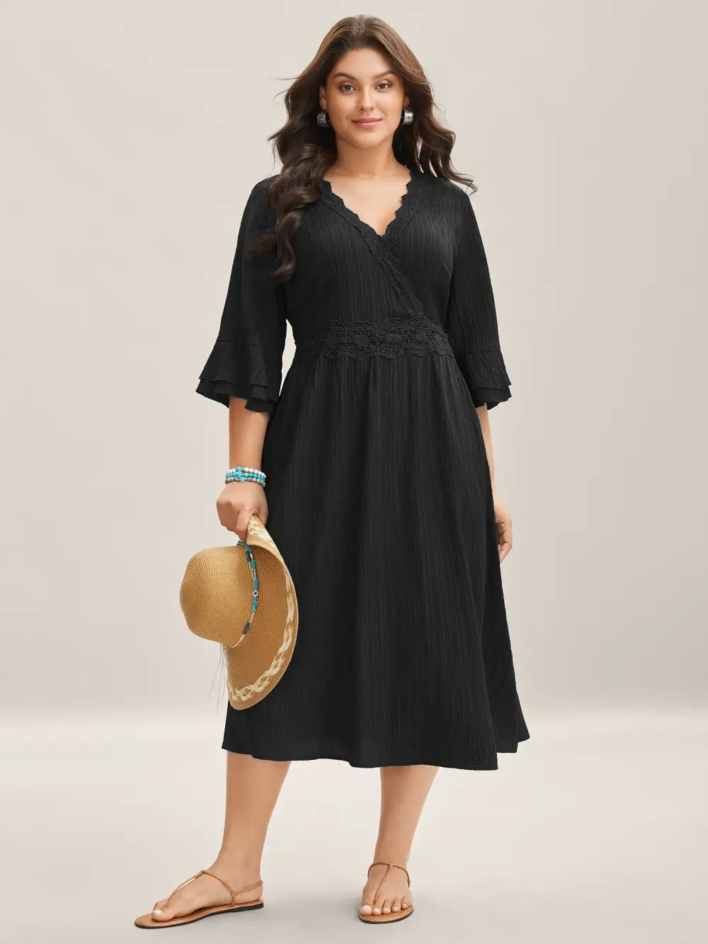 Scalloped Lace Surplice Ruffled Midi Dress