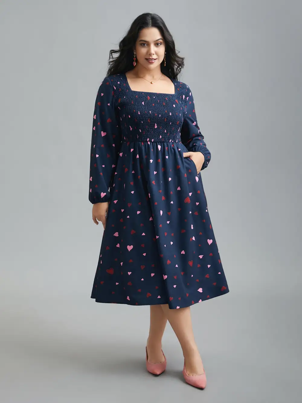 Square Neck Shirred Hearts Midi Dress