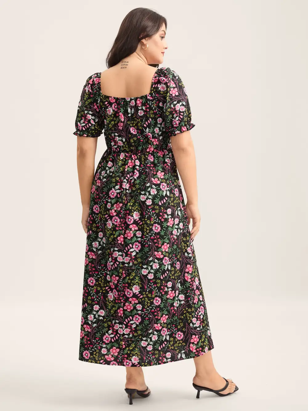 Shirred Floral Print Pockets Maxi Dress