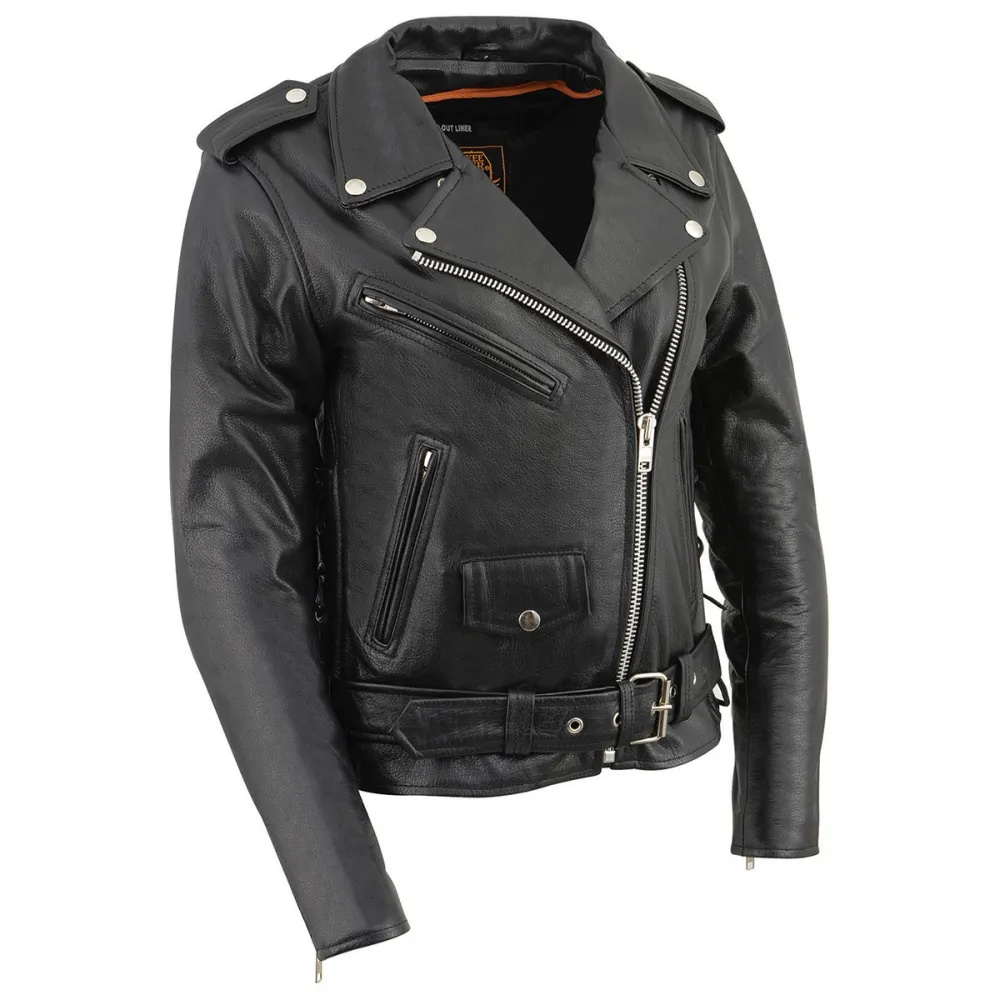 Leather LKL2700 Women's Classic Black Premium Leather Motorcycle Vintage Jacket with Side Laces