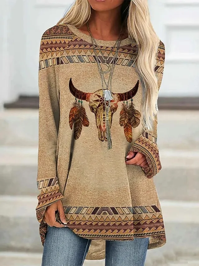 Women's Plus Size T shirt Tee Tunic Shirts Geometric Plaid Casual Print Light Green Long Sleeve Vintage Tunic Ethnic Round Neck Fall & Winter
