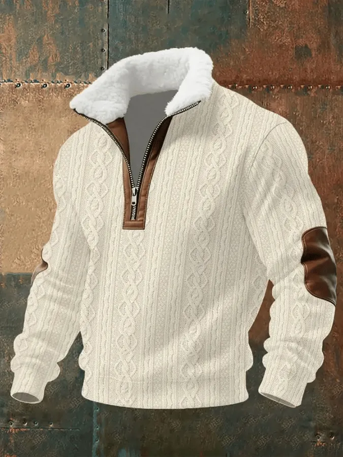 Men's Retro Western Textured Print Knit Fabric Zipper Fur Collar Long Sleeve Sweatshirt